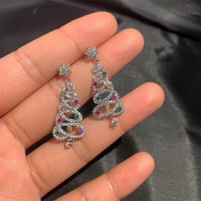 Fashion Christmas Tree Zircon Crystal Star Silver Color Earrings Stud Dangle Xmas Jewelry Women Party Gift Hot Sale 2026