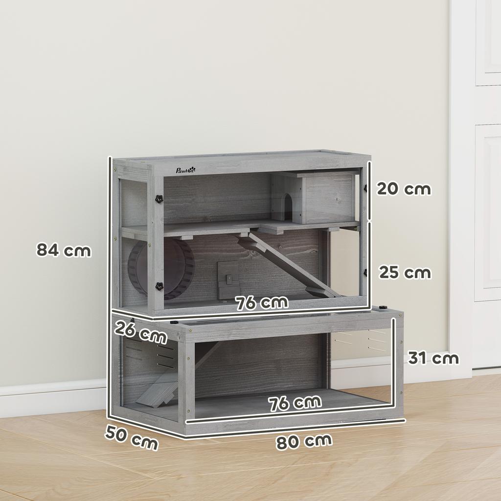 Wooden Hamster Cage, 3 Levels with Hideaway, Wheel, Ramps, Transparent Panel, Separate Compartments, 80x50x84cm, Grey