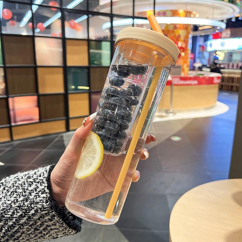 700ML Folding Straw Cup Transparent Large Capacity Water Bottles Portable Juice Cups Lemon Filter Cute Drinking Bottle for Girl