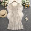 "French Retro Floral Square Neck Puff Sleeve Dress for Petite Women - High Waist, Sweet, Short Spring Style"