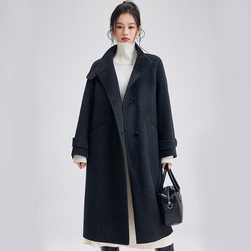 Fengxun Женское Премиальное Двустороннее Пальто из 100% Шерсти со Стойкой