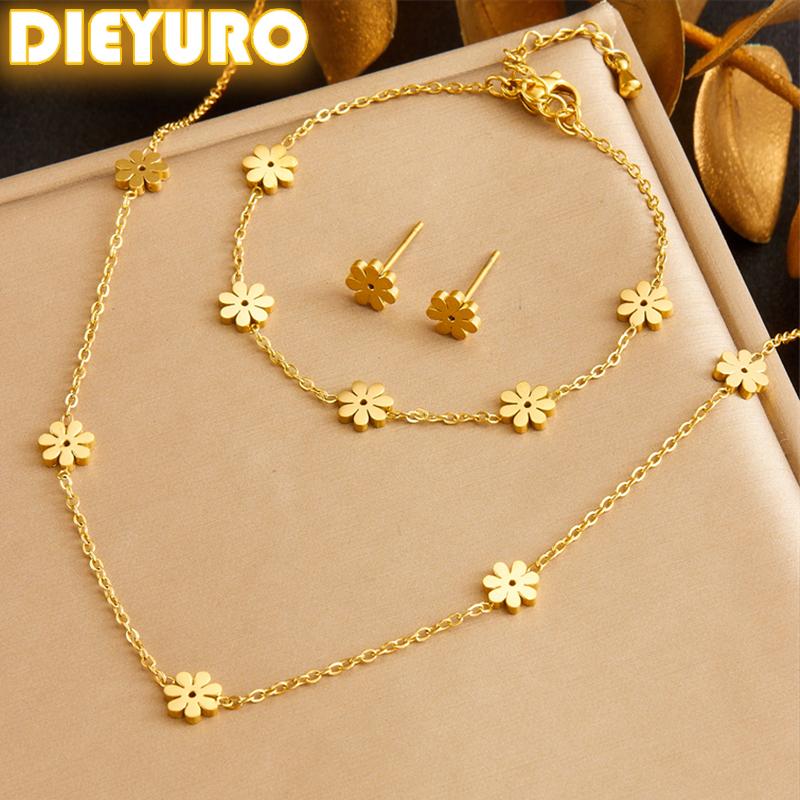 DIEYURO 316L Stainless Steel Golden Chrysanthemum Necklace Bracelet Suit For Womens New Flower TrendNon-fadingjewelry Set