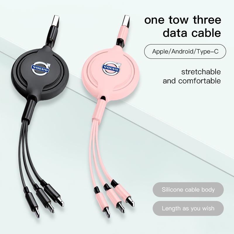 cujgl8 3 In 1 Retractable Data Cable USB Car Charger Head Auto Accessories For Volvo Rdesign V60 V40 XC90 S60 C30 XC60 V50 V70 S90 T6
