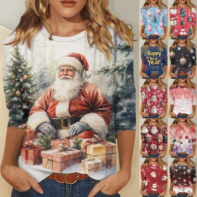 Женская модная повседневная футболка с круглым вырезом и рождественским принтом, семь рукавов