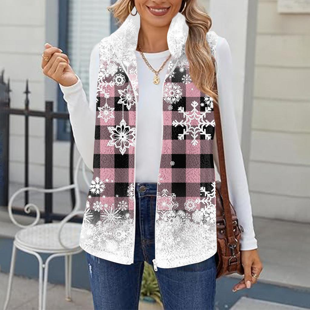 Women's Checked Print Fashionable And Warm Fleece Cardigan Vest Jacket