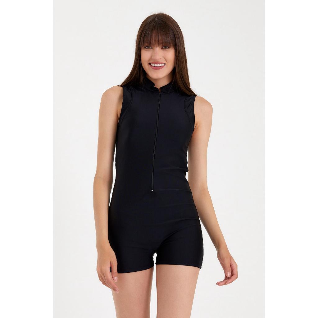 Women's Thick Strap Half Zipper Shorts Swimming Swimsuit One Piece Black