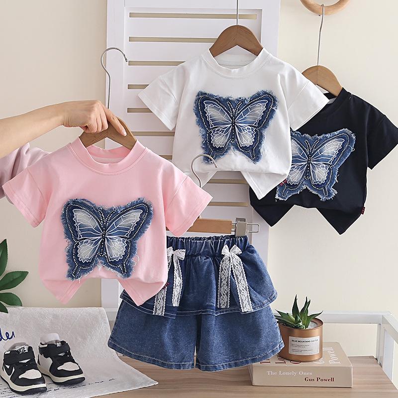 Girls Summer Cartoon Bear Print Denim Pants and Short Sleeve Two Piece Set
