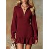 Women S Half Zip Ruffled Mini Dress Long Sleeve V Neck Casual