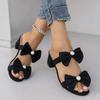2025 Summer Women's Pearl Bow Tie Slippers Chunky Heel Plus Size Party Sandals for Evening & Daily Wear Slippers Women Zapatos