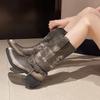 Women'S Retro Cowboy Mid Calf Boots Cowboy Square Heels Pointed Toe Platform Women Chunky Heels Western Pointed Toe Metal Botas