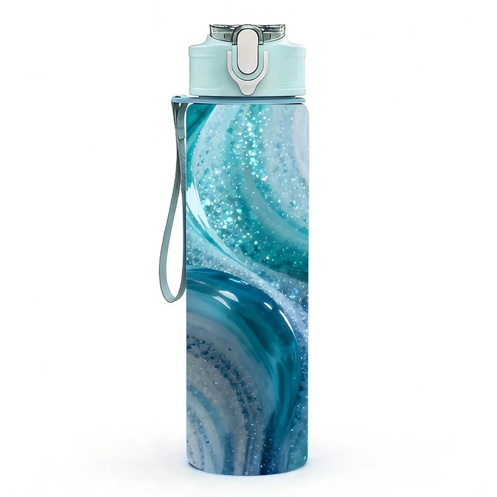 1PC Teal Blue Gold Marble Pattern 750ml Color Plastic Sports Water Bottle Leakproof Flip Straw Lid Suitable for Sports Office Home Use