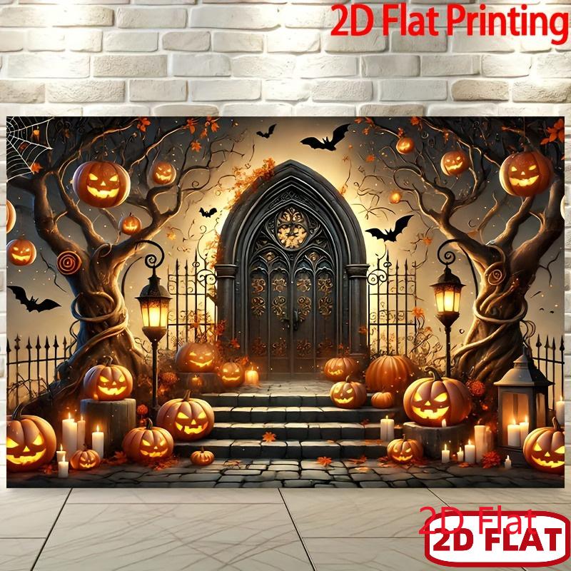 2D flat - A banner in 2D format. 1 Gothic Halloween banner featuring pumpkins lanterns and Gothic door decorations.