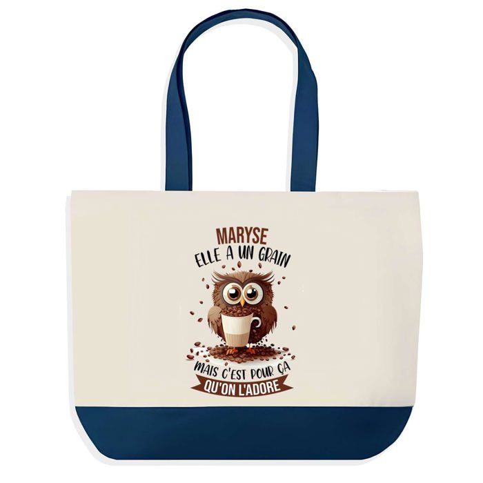 Tote bag - PLANETEE - Maryse Chouette Grain - Coton 40x45 cm - Fond bleu motif chouette - Fabriqué en France