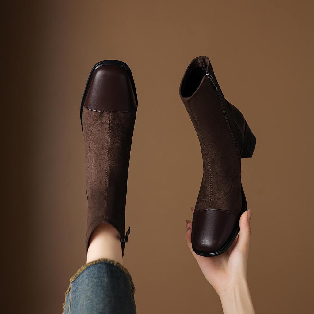 Krazing Pot Микрофибра Флок Квадратный Носок Средний Каблук Эластичные Сапоги Размер 43 Молния Женские Базовый Дизайн Ботильоны