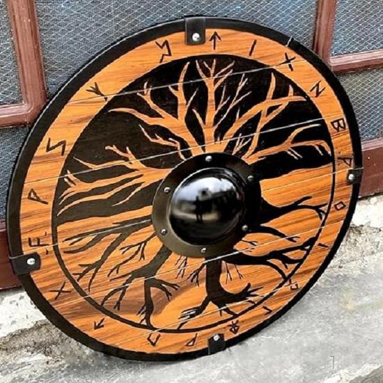 Средневековый деревянный железный щит викинга ручной работы, готовый к бою, идеально подходит для реконструкции и декора - 60,96 см, как показано