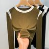 Threaded Bottomed Shirt Women's New Women's Clothing Contrasting Color Round Neck Long-sleeved T-shirt Waist Top