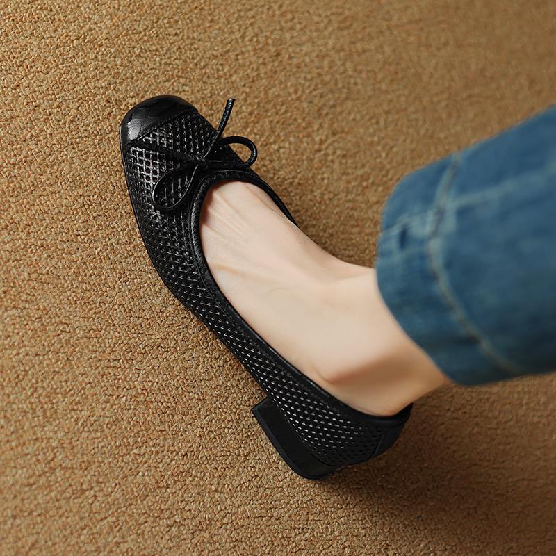 Krazing Pot Natural Leather Spring Summer Size 41 Thick Low Heels Women Square Toe Hollow Decoration Breathable Slip On Pumps