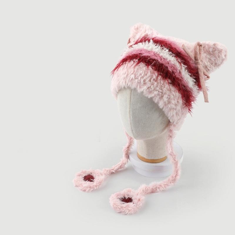 Furry Cartoon Head Cover with Ear for Outdoor Sports Striped Hat with Ear Oversized Headgear Hat for Winter