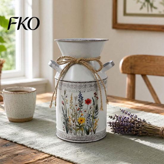 Farmhouse Decor Vase Vintage Iron Flower Bucket, Rustic White Double-Handle Metal with Floral Print & Jute Dried Holder Bow, Tabletop for