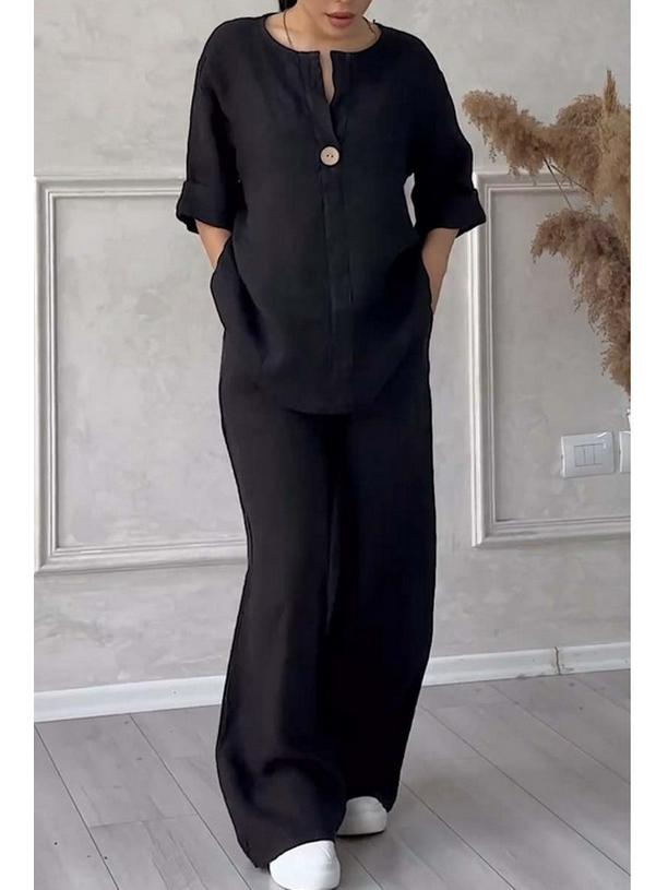 Женский комплект в стиле кросс-бордер, однотонный, из хлопка и льна, повседневный