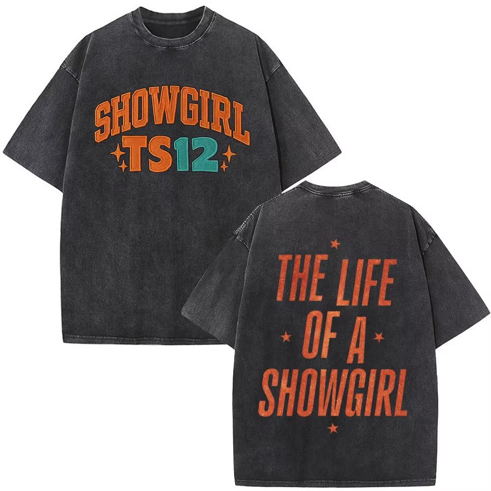 Альбом The Life of A Showgirl Мерч Футболки Подарки для фанатов Мужская Женская Одежда Винтажные Стиранный Хлопок Оверсайз Футболки с Коротким Рукавом