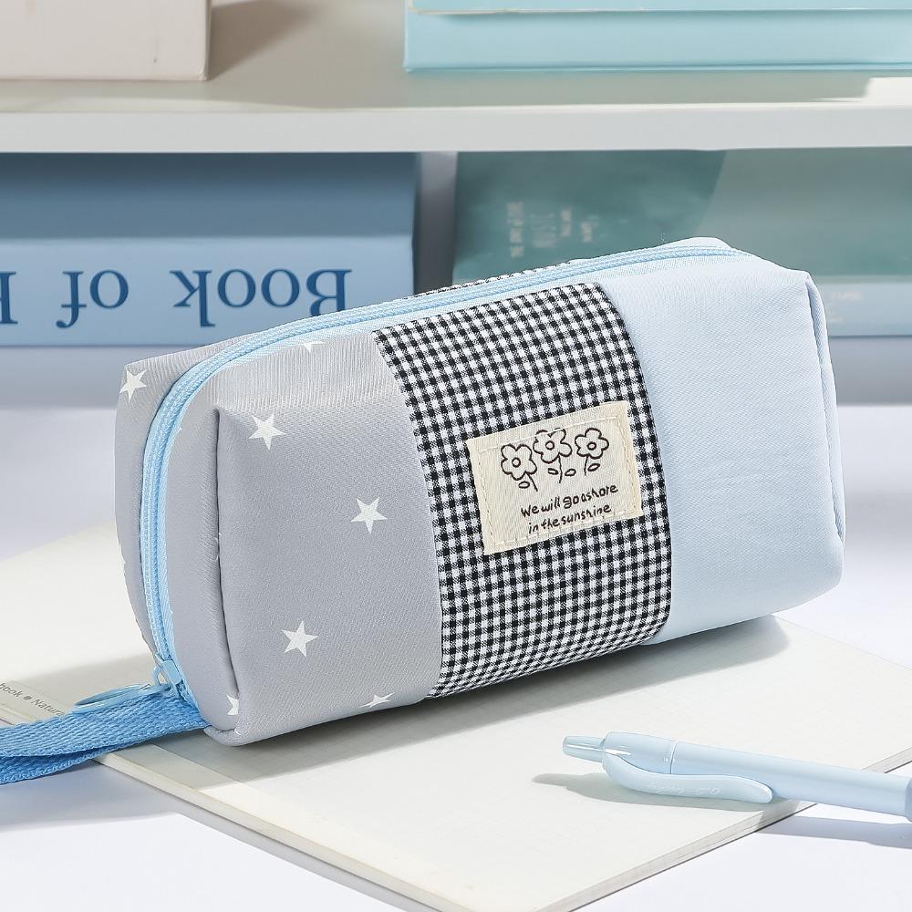 Large Capacity Pen Bag Plaid Color-Blocking Pencil Pouch Stationery Organizer  Back To School