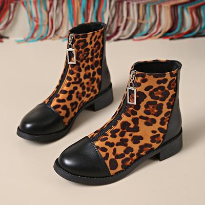 Дизайнерские женские ботильоны с леопардовым принтом, модные ботильоны с круглым носком, лаконичные туфли на толстом каблуке, женские боты