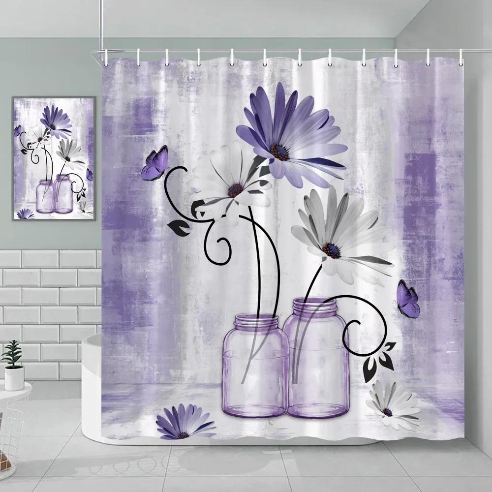 Watercolor Floral Shower Curtain Wooden Butterfly Daisy Rustic Blue Flower Farmhouse Wooden Vintage Farm Bathroom Decoration