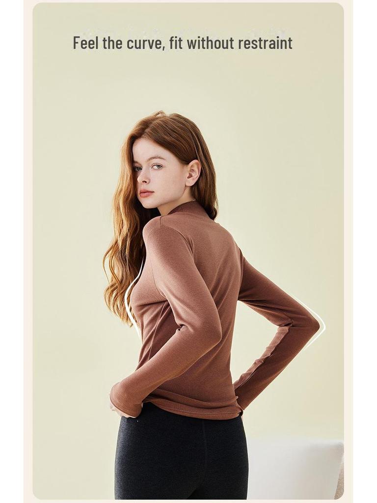 Женская рубашка облегающего кроя из смесовой шерсти со средним вырезом и длинными рукавами на осень/зиму