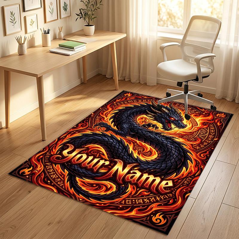 Dragon Phoenix Theme Crystal Velvet Rug Personalized Custom Name Text Soft Floor Mat Home Decor