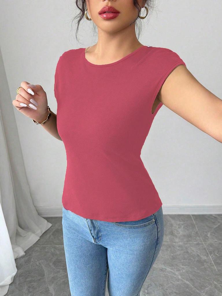 Европейско-американская модная женская однотонная облегающая футболка с круглым вырезом и коротким рукавом Bodycon