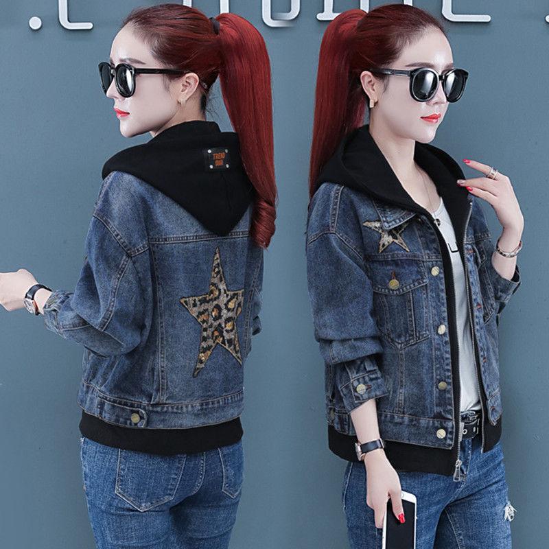 Autumn Women's Fashion Printed Hooded Denim Short Jacket