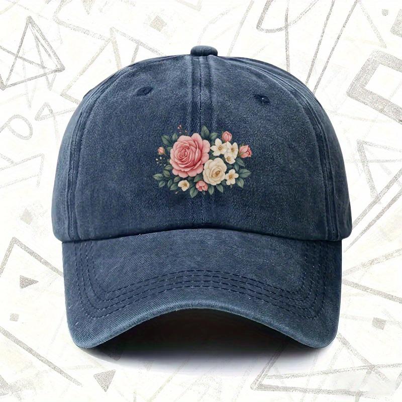 pc Vintage Washed Hat with Floral Print Unisex Solid Baseball Cap AllSeason Wear Rose Flower Design Ideal Gift for Wedding