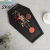 Creative Entryway Key Holder Halloween Gothic Serving Tray with Engraved Skeleton, Wooden Charcuterie Board, Casket Matte Black Presentation
