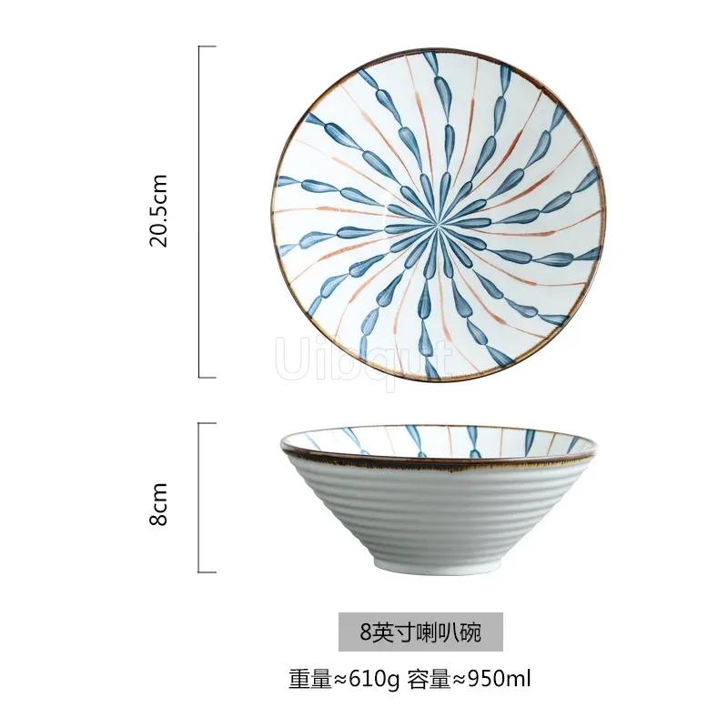 Salad Bowl 8 inch Ceramic Creative Hand Painted Pattern Japanese Ramen Bowl Household Large Noodle Soup Bowl Multi Purpose 20cm