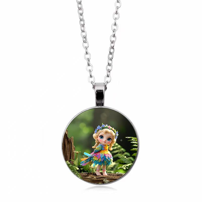 Time Gem Cute Little Girl Pattern Round Glass Alloy Pendant Necklace