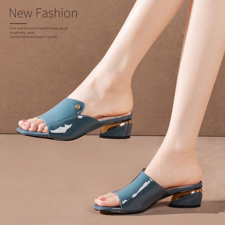Sandals Women's Middle Heel Thick Heel Summer New Women's Shoes Soft Leather Sandals Slippers Wearing Fashion Fish Mouth Large Women's Shoes Outside