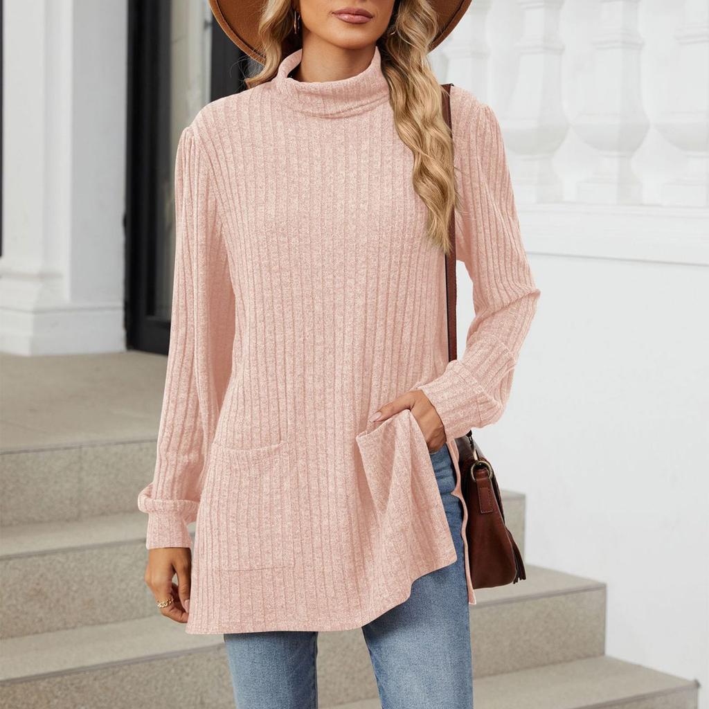 Women's Fashionable Solid Color Half High Neck Long Sleeved Wide Hem Slit T-shirt Top