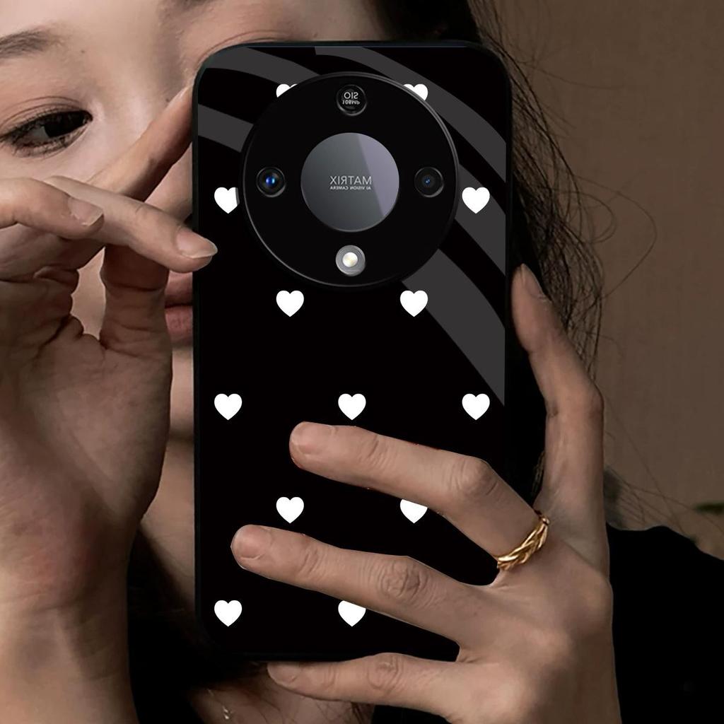 Милый Чехол-Бампер в Белый Горошек и Сердечки для HONOR X9b X9a Жесткая Глянцевая Акриловая Задняя Панель Мягкая TPU Рамка Защитный Чехол от Царапин