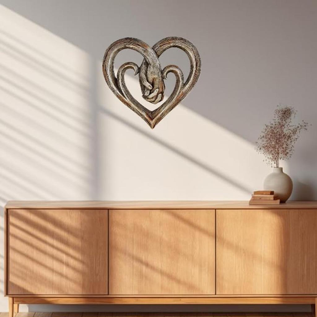 Top Brass Heart Holding Hands Wall Decor Decorative Art Sculpture - Faux Wood Finish - Forever Love