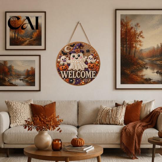Faux Pearl Painting Arts Halloween Door Sign Kit, Ghost Skull Skeleton Cat Welcome Handmade Decoration Crafts for Wall