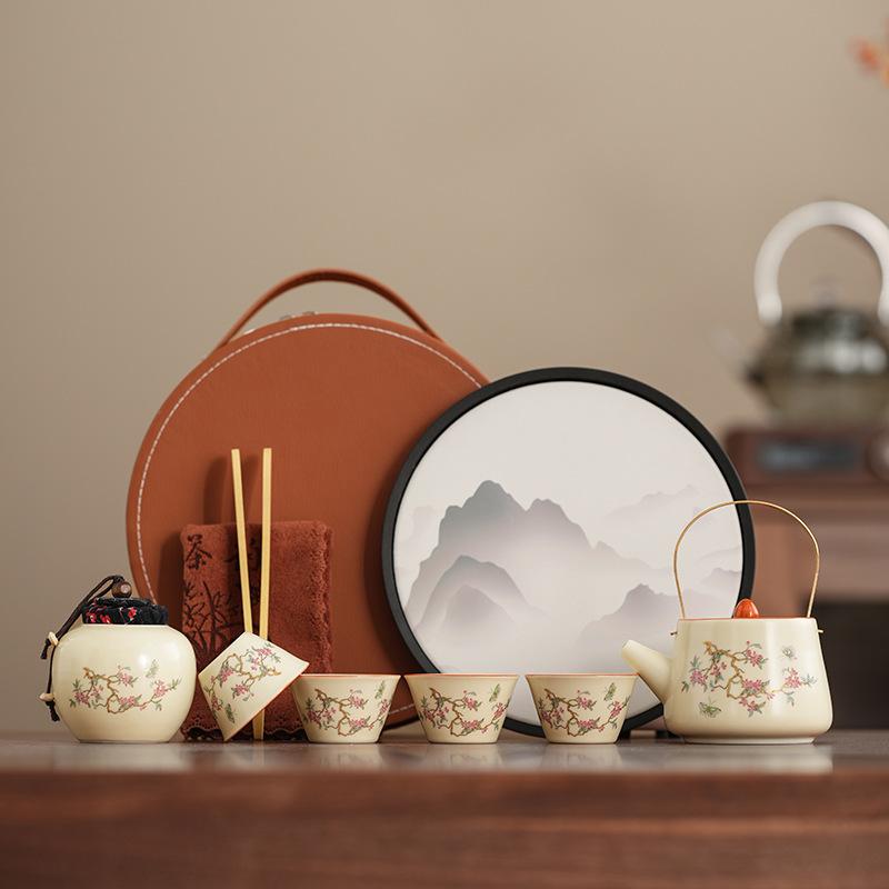 Wisteria flower Ru kiln travel tea set outdoor brewing teapot portable express passenger carry-on car open teapot