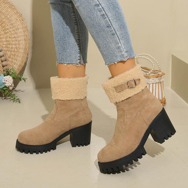 New Large-sized Women's Shoes with Belt Buckles, Thick Heels and Warm Flip-over Snow Boots