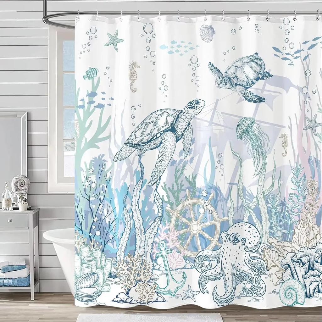 Underwater World Dolphin Turtle Shower Curtain,Ocean Animals Polyester Fabric Bathroom Curtains for Home Decoration Curtain