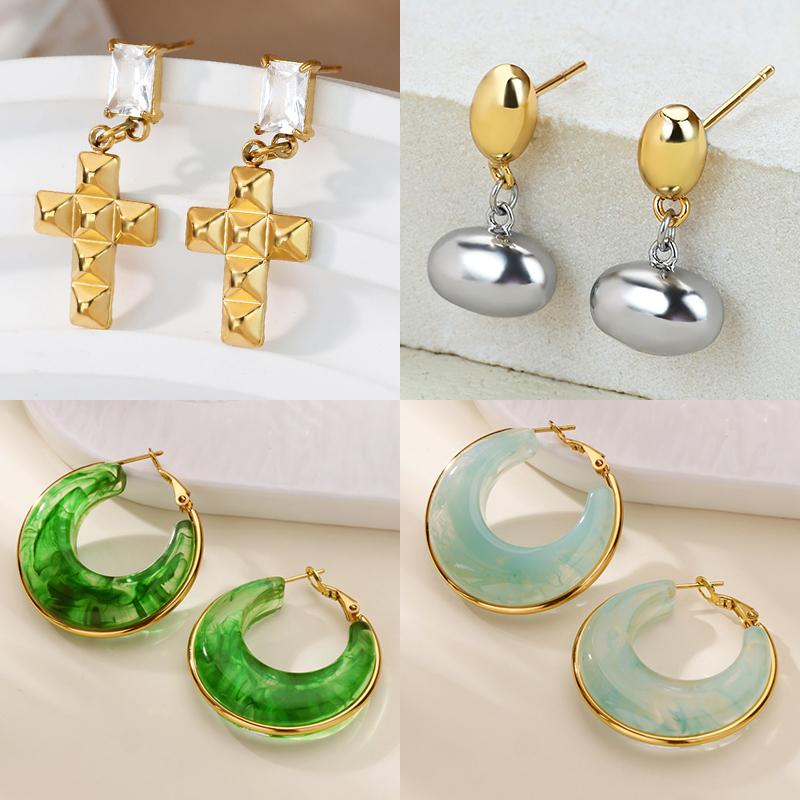 Luxury Cross Hoop Stud Earrings for Women Stainless Steel Gold Color Piercing Earring 2025 New Fashion Wedding Couple Zircon
