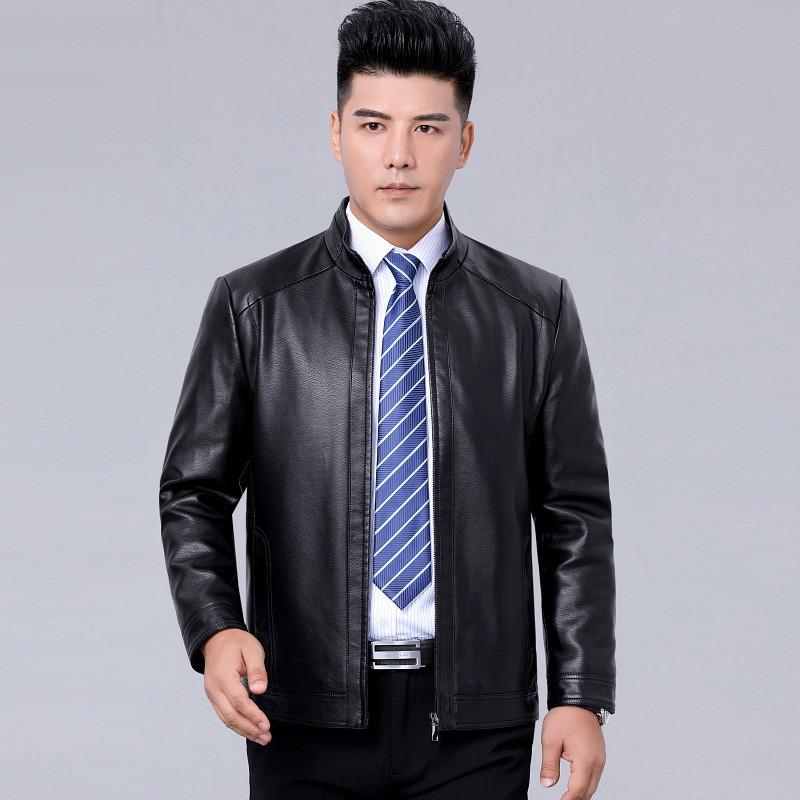 Mens Faux Leather Jacket Stand Collar Zip-Up Warm Thick Winter Business Casual Outerwear