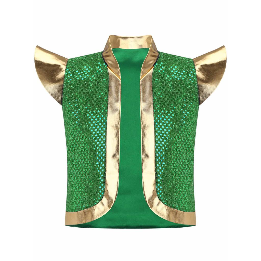 Boy Metallic Sequins Vest Stand Collar Shoulder Pads Open Front Arabian Halloween Performance Costume