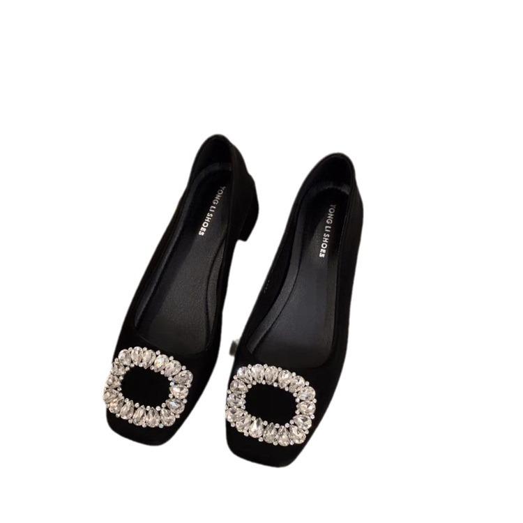 Французские туфли-лодочки на среднем высоком каблуке, черные, с квадратным носком, со стразами, одинарные, женские туфли 2025 новинка, осенне-зимние, красные свадебные туфли, вечерние туфли