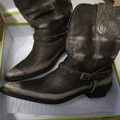 Кожаные полированные старые ковбойские сапоги в стиле вестерн женские на толстом каблуке с острым носком V-образным вырезом рукавом и ремнем полусапоги ботинки Мартин короткие ботинки