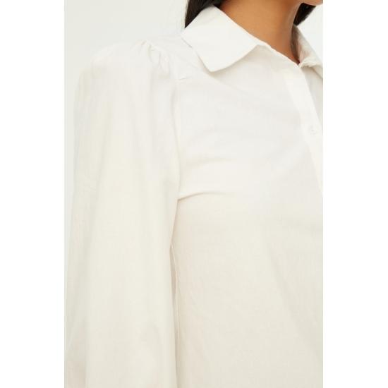 White Woven Balloon Sleeve Basic Stylish Cotton Shirt